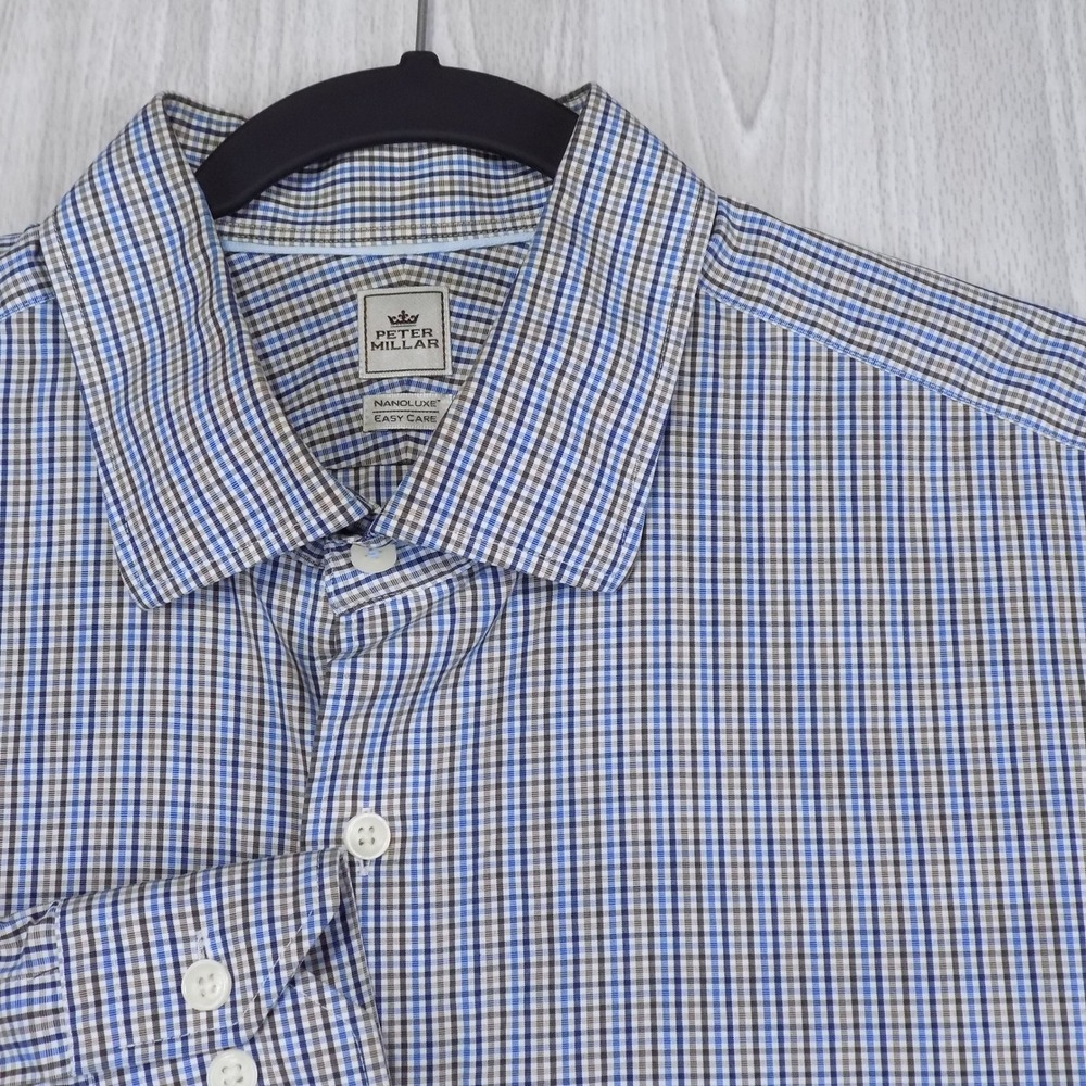 Peter Millar Nanoluxe Shirt Mens 17.5 Blue Brown Check Extra Long Button-Down - Picture 1 of 9